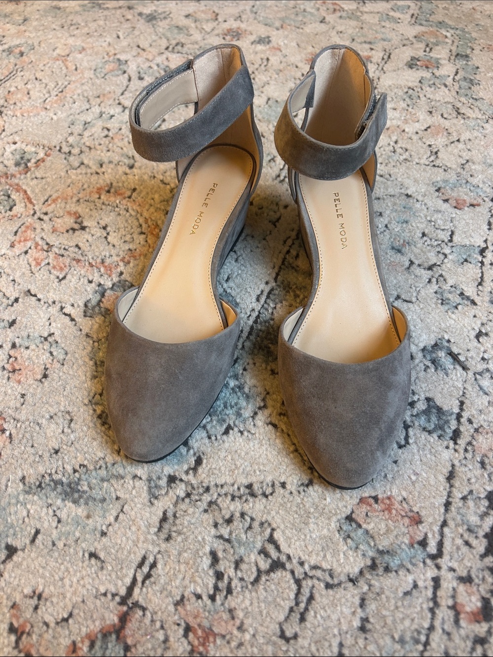 Pelle Moda Taupe Suede Pointed-Toe Ankle-Strap Flats